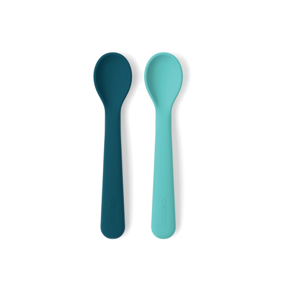 Juego de 2 cucharas para bebés de silicona, color azul y turquesa