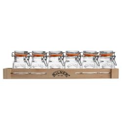 Juego de 6 tarros para especias de cristal con soporte de madera