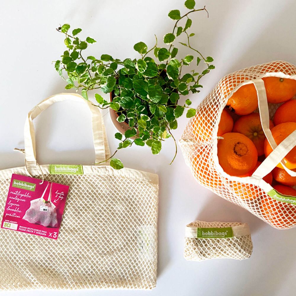 3 bolsas malla algodón orgánico para comprar frutas y verduras