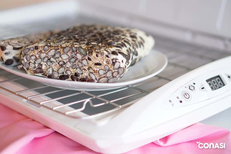 Tempeh de alubias negras y quinoa en la rejilla de la fermentadora