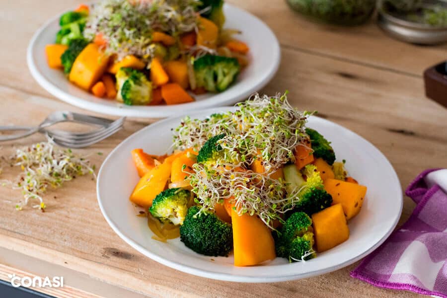 Salteado de verduras con germinados Salteado de verduras con germinados
