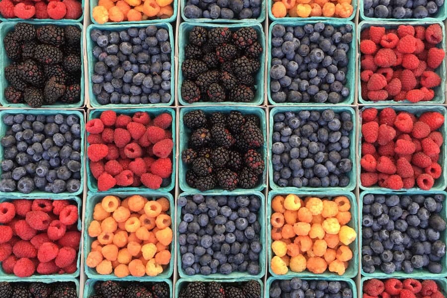 Frutos rojos, azules, morados en bandejitas