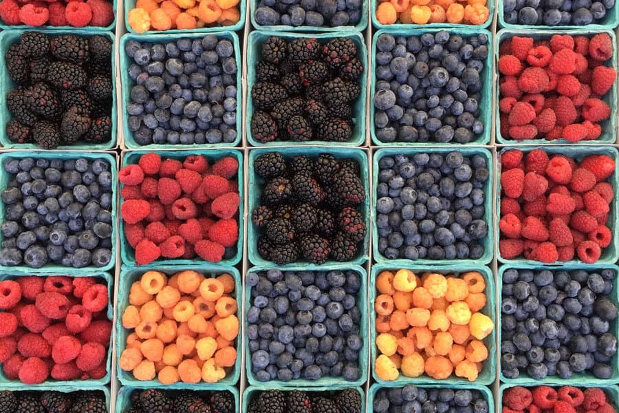 Frutos rojos, azules, morados en bandejitas