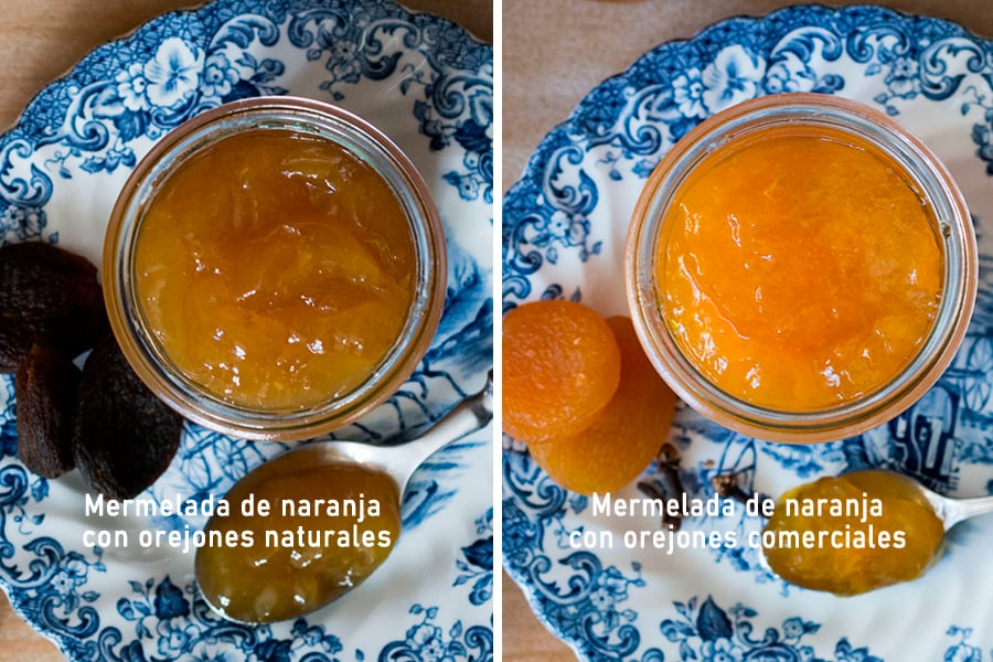 Mermelada de naranja con orejones naturales vs. artificiales Mermelada de naranja con orejones naturales vs. artificiales
