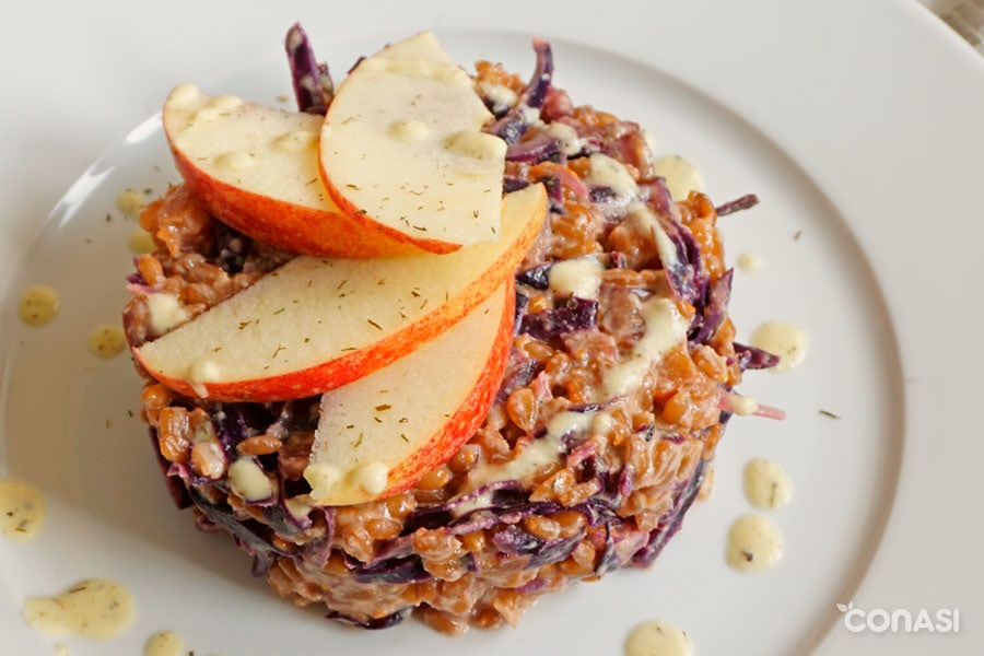 Ensalada templada de espelta en un plato